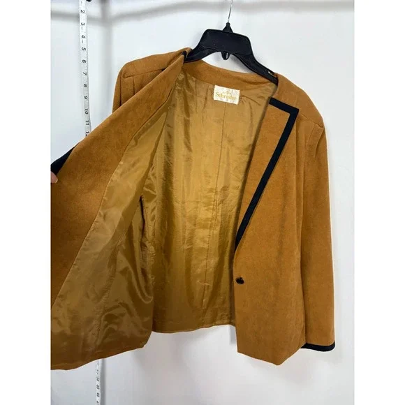 Vintage Abe Schrader Suede Feel Blazer Jacket Women's Size 14 Brown Black Trim - Picture 6 of 10